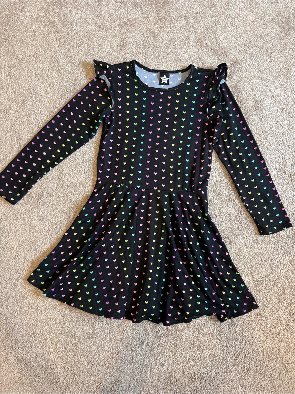 Star Print Black Long-Sleeve Skater Dress with Rainbow Hearts